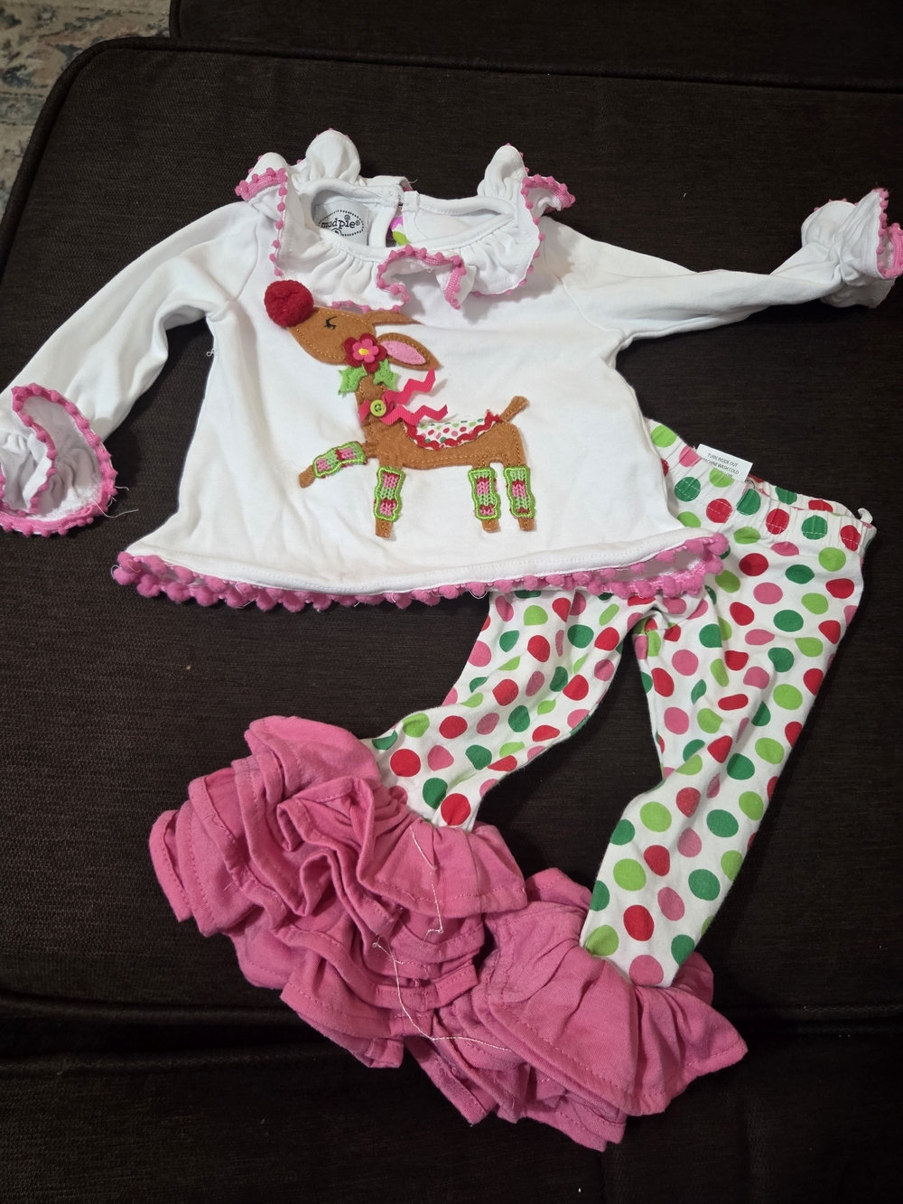 Mud Pie Pink Christmas Holiday Reindeer Ruffle Great Cond. 6/9m MP69